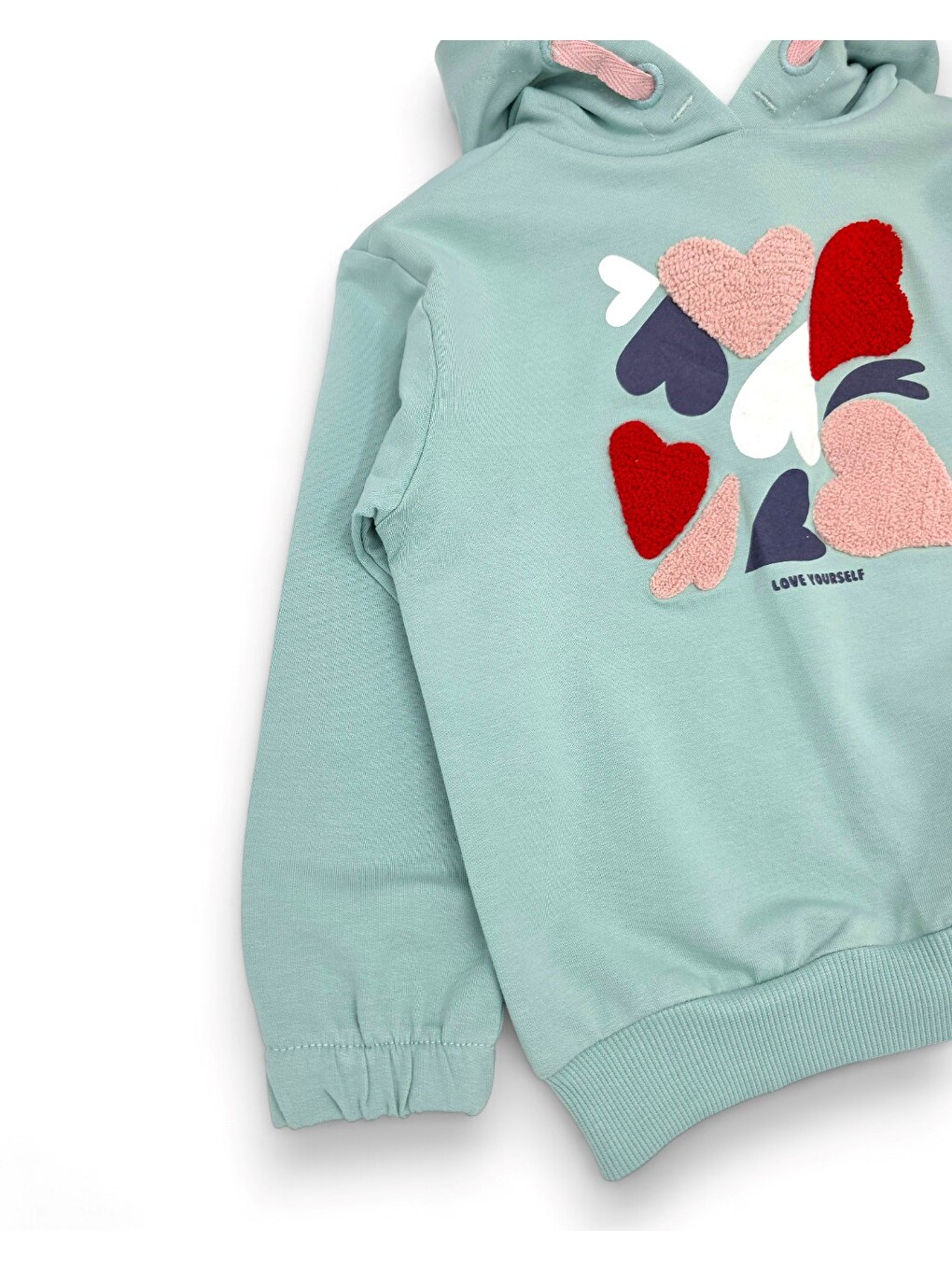 Yeşil Kız Çocuk Kalp Baskılı, Kapüşonlu Sweatshirtlü Mevsimlik Alt Üst Eşofman Takımı-2