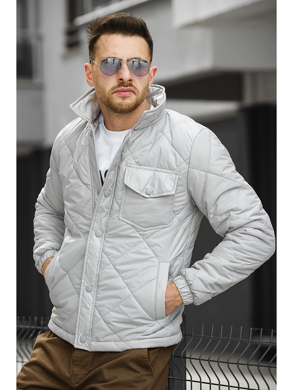 Gri Slim Fit Yakalı Kapütone Erkek Mont Ceket