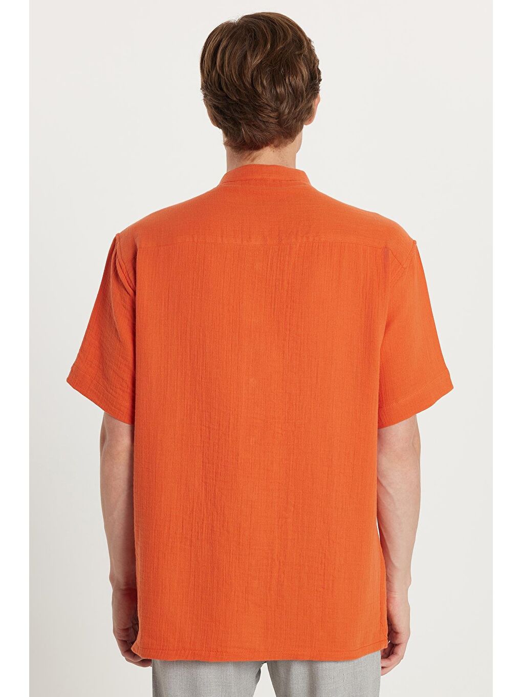 Kahverengi Erkek Relax Fit Rahat Kesim %100 Pamuk Müslin Kumaş Kısa Kollu Spor Hakim Yaka Taba Gömlek-4