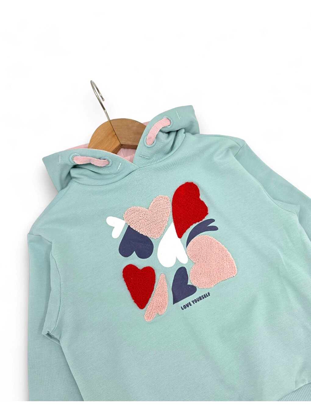 Yeşil Kız Çocuk Kalp Baskılı, Kapüşonlu Sweatshirtlü Mevsimlik Alt Üst Eşofman Takımı-3