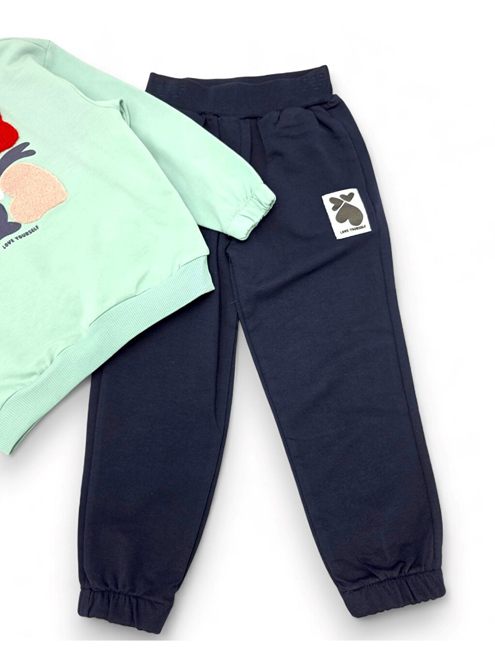 Yeşil Kız Çocuk Kalp Baskılı, Kapüşonlu Sweatshirtlü Mevsimlik Alt Üst Eşofman Takımı-5
