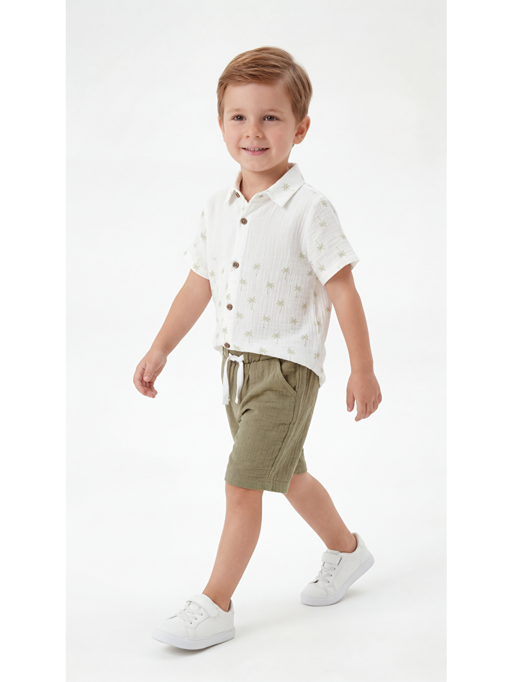 Haki Palmiye Desenli Erkek Çocuk Gömlek & Şort Takımı-1