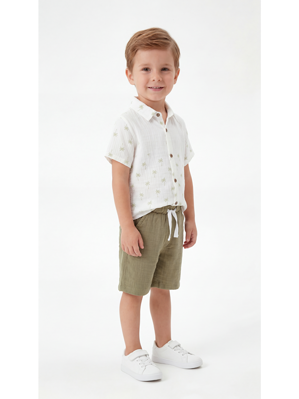 Haki Palmiye Desenli Erkek Çocuk Gömlek & Şort Takımı-2