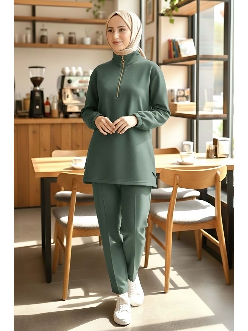 Fermuarlı Modal İkili Takım Haki - 1013-HAKI