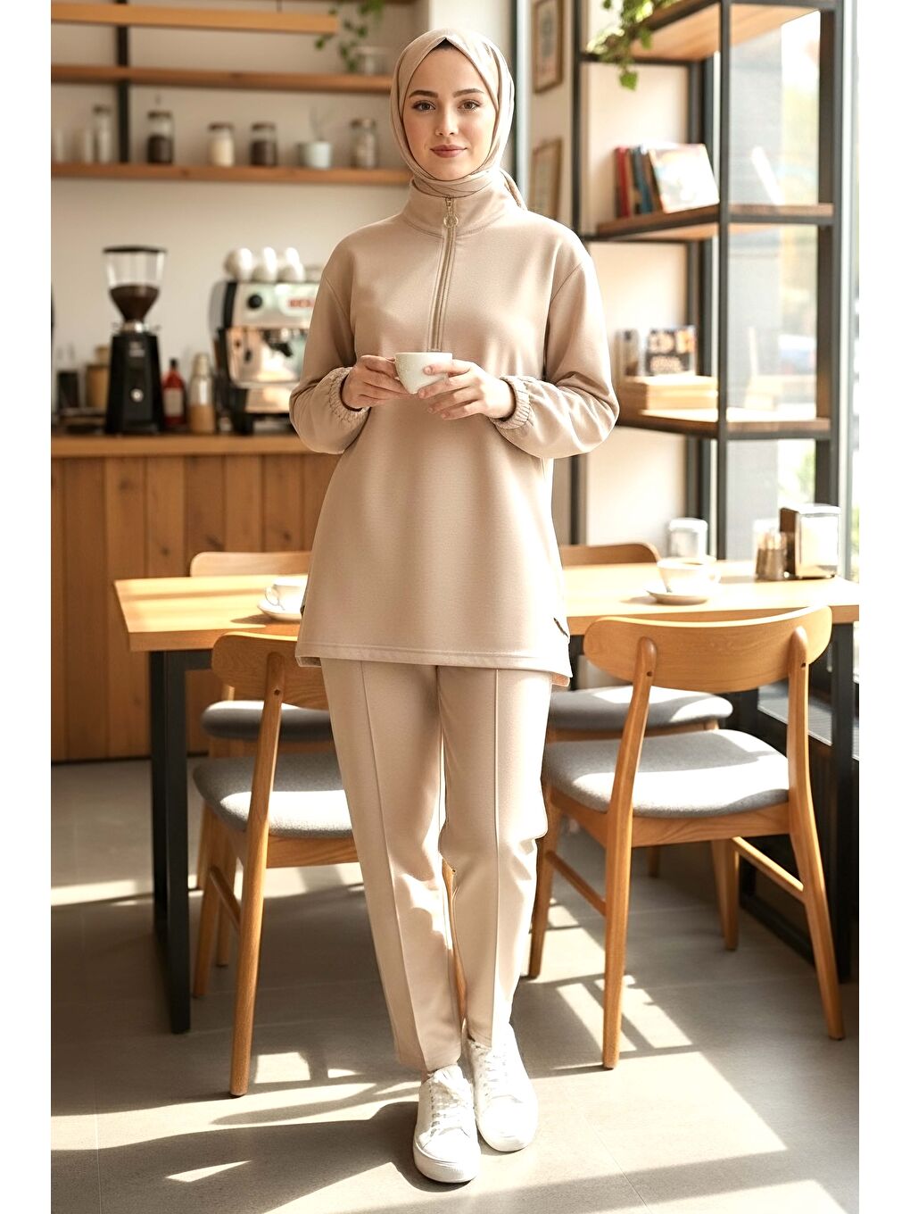 Ekru Fermuarlı Modal İkili Takım Krem - 1013-KREM-1