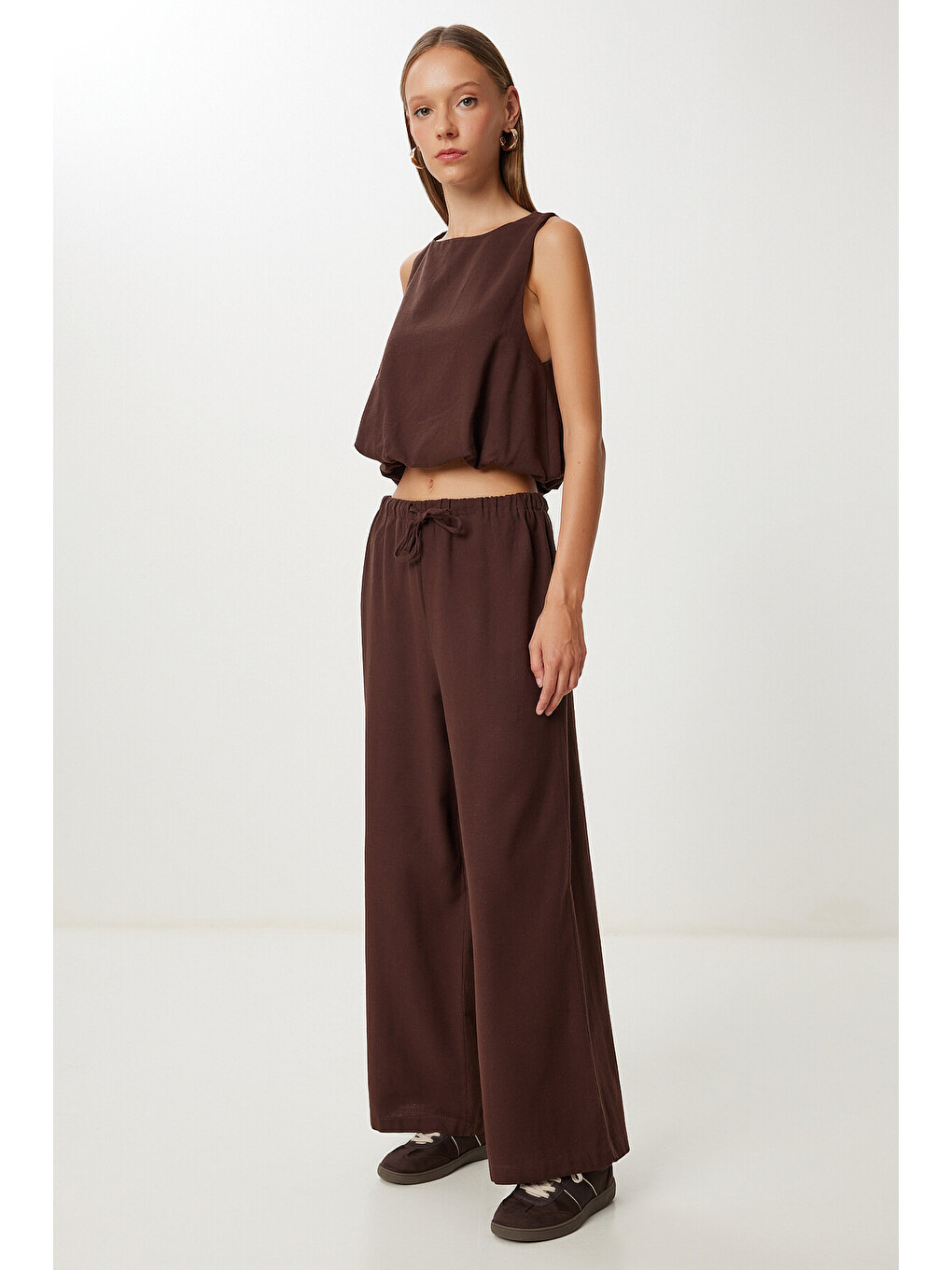 Kahverengi Keten Culotte Pantolon Bluz Takım KAHVERENGİ LRV0116