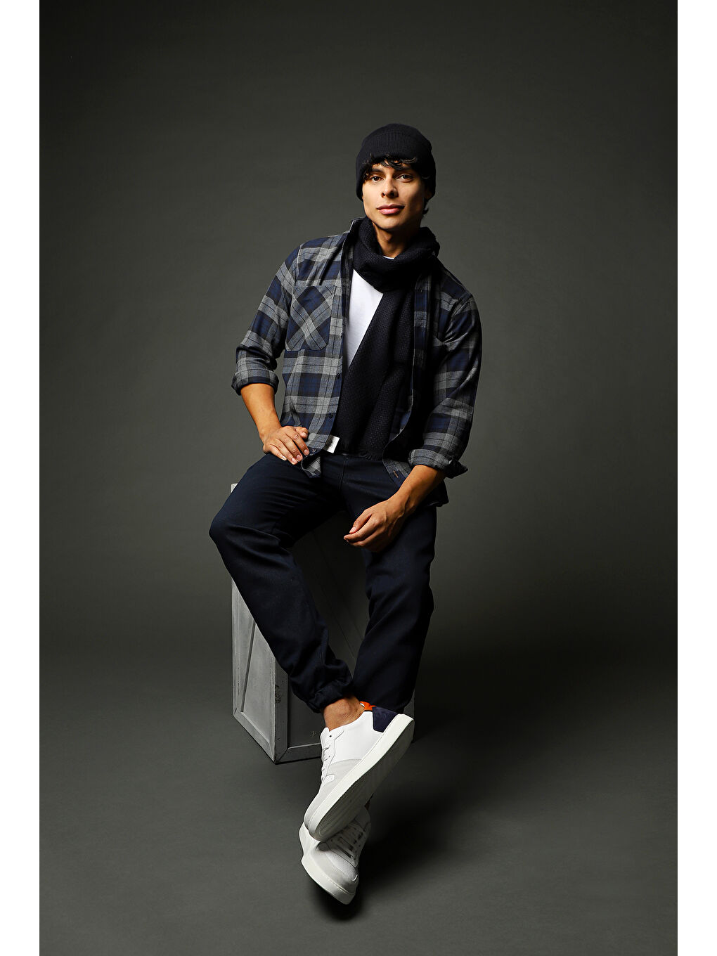 Lacivert Uzun Kol Oversize Ekose Oduncu Pamuk Gömlek-1