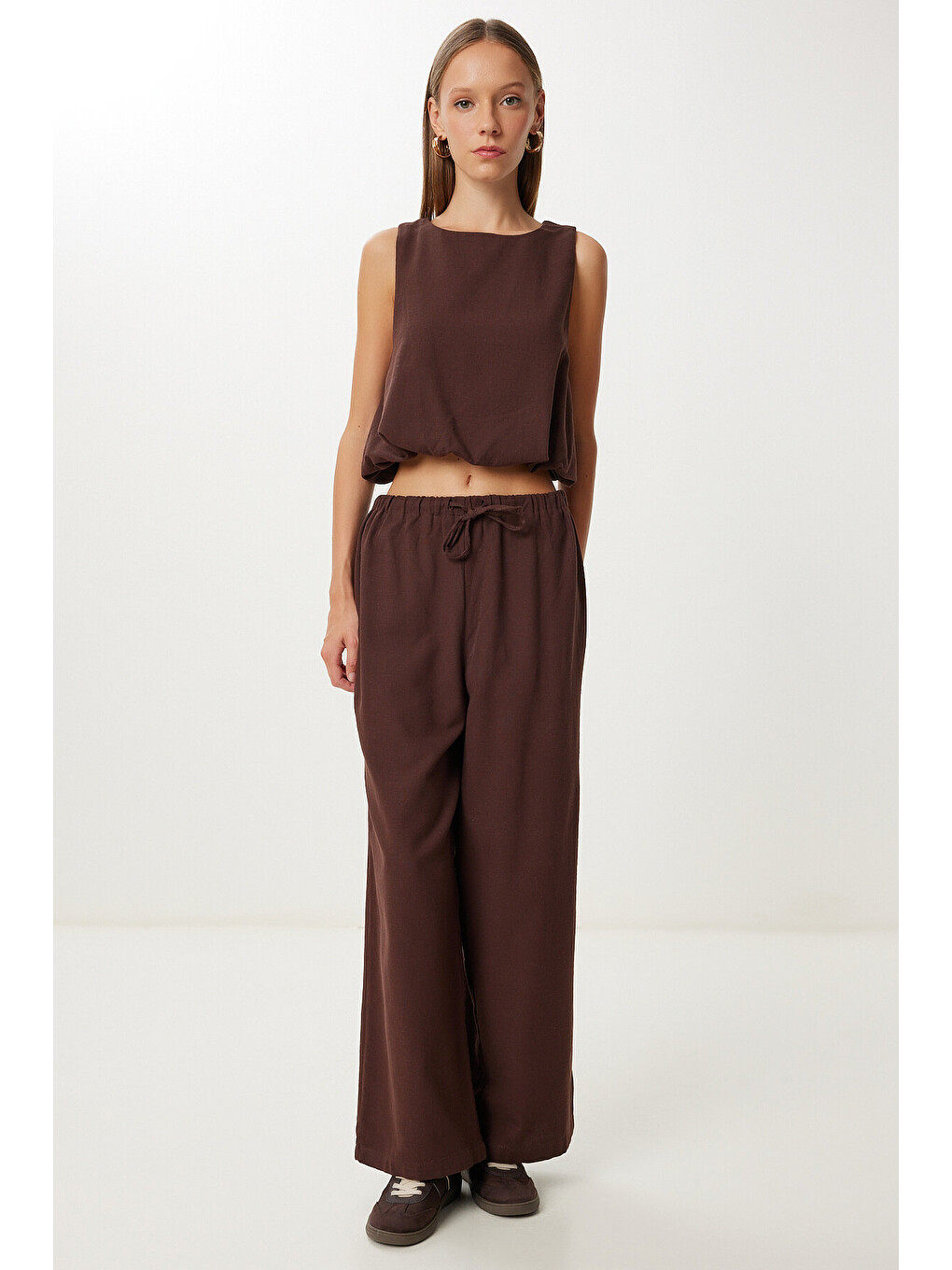 Kahverengi Keten Culotte Pantolon Bluz Takım KAHVERENGİ LRV0116-1