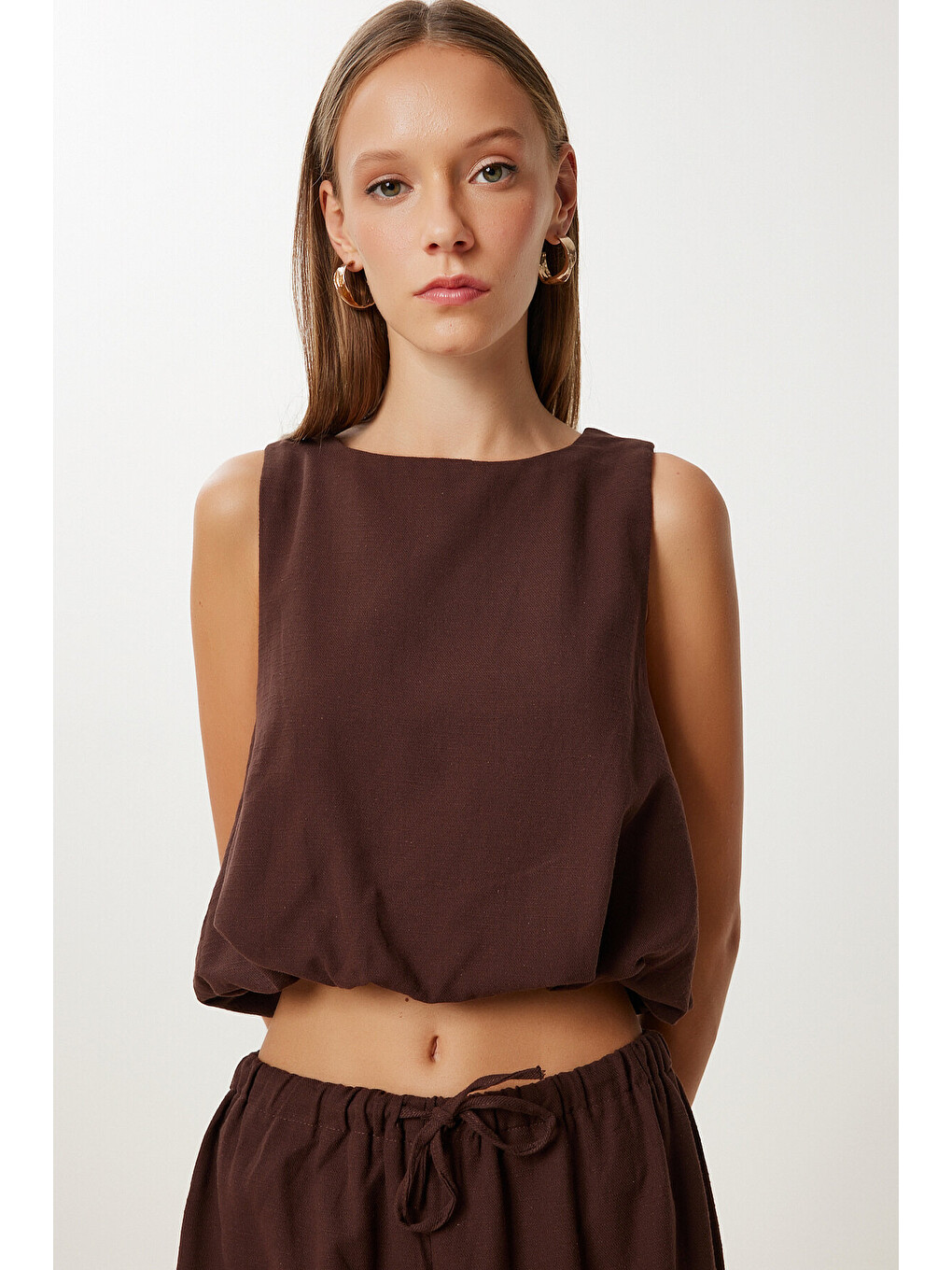 Kahverengi Keten Culotte Pantolon Bluz Takım KAHVERENGİ LRV0116-2