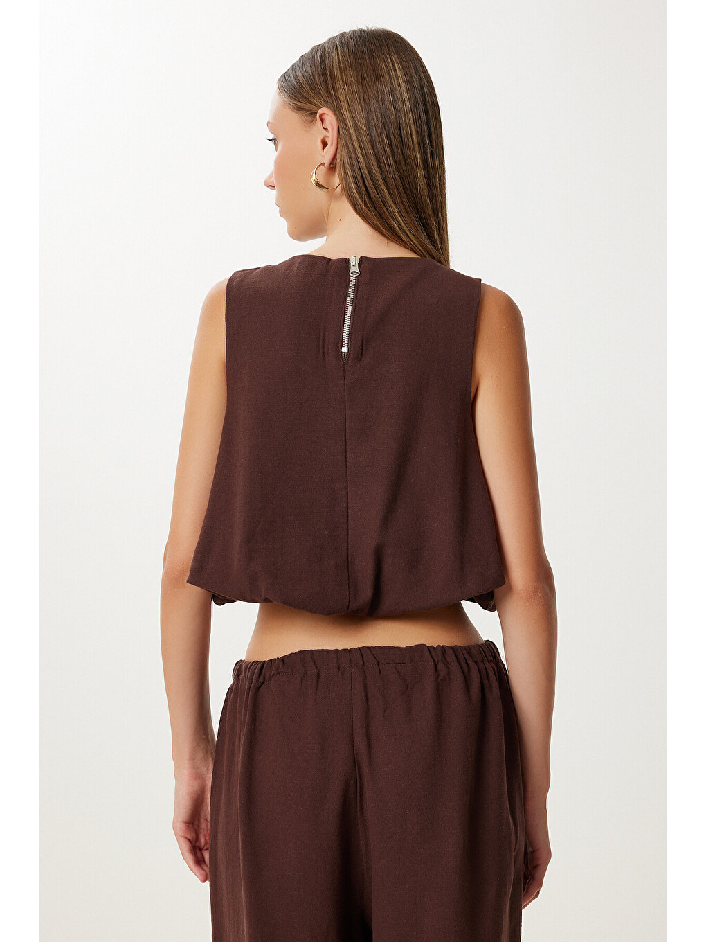 Kahverengi Keten Culotte Pantolon Bluz Takım KAHVERENGİ LRV0116-3