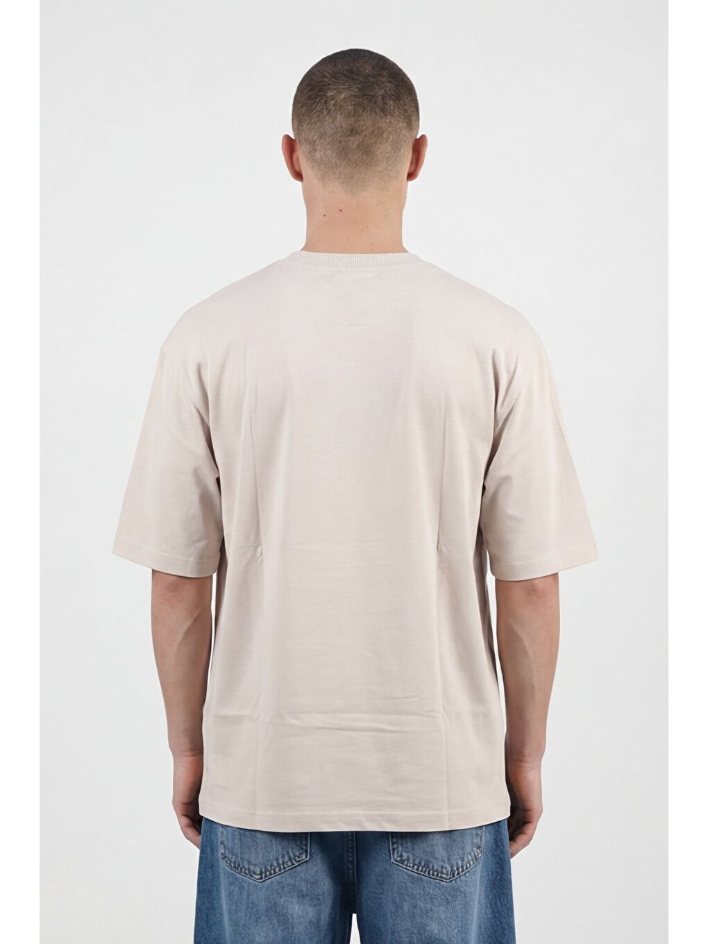 Bej Giotelli Erkek Taş Geniş Kesim Oversize Fit Kısa Kollu Bisiklet Yaka Tişört-3