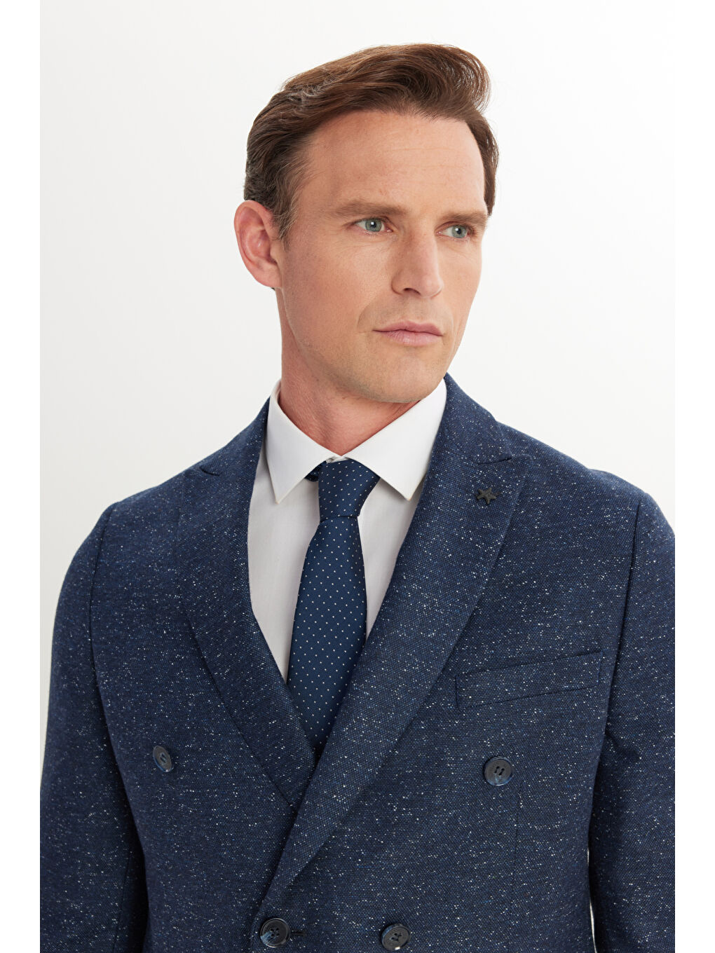 Erkek Lacivert Slim Fit Dar Kesim Kırlangıç Yaka Desenli Takım Elbise-1