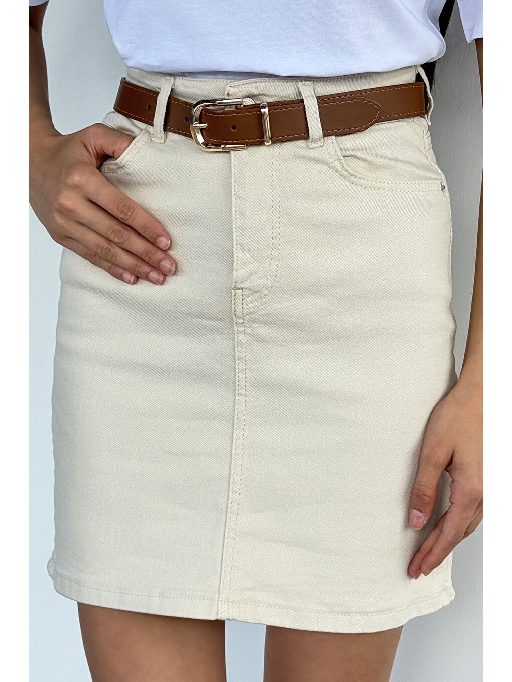 Bej Kadın Deri Kemerli Jean Jean Etek-1