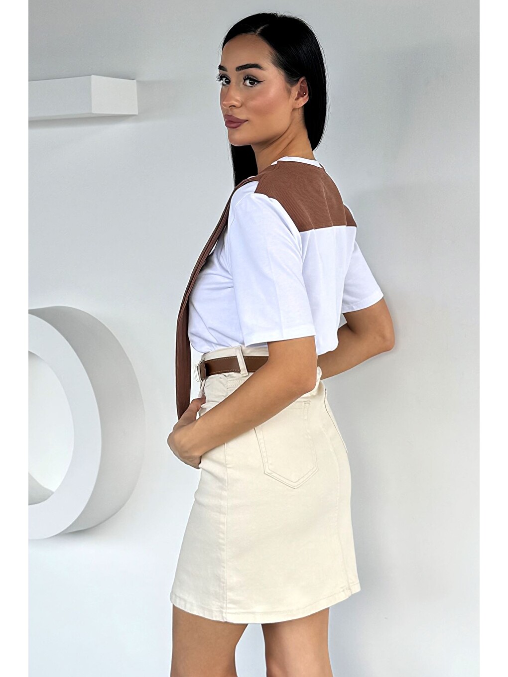 Bej Kadın Deri Kemerli Jean Jean Etek-2