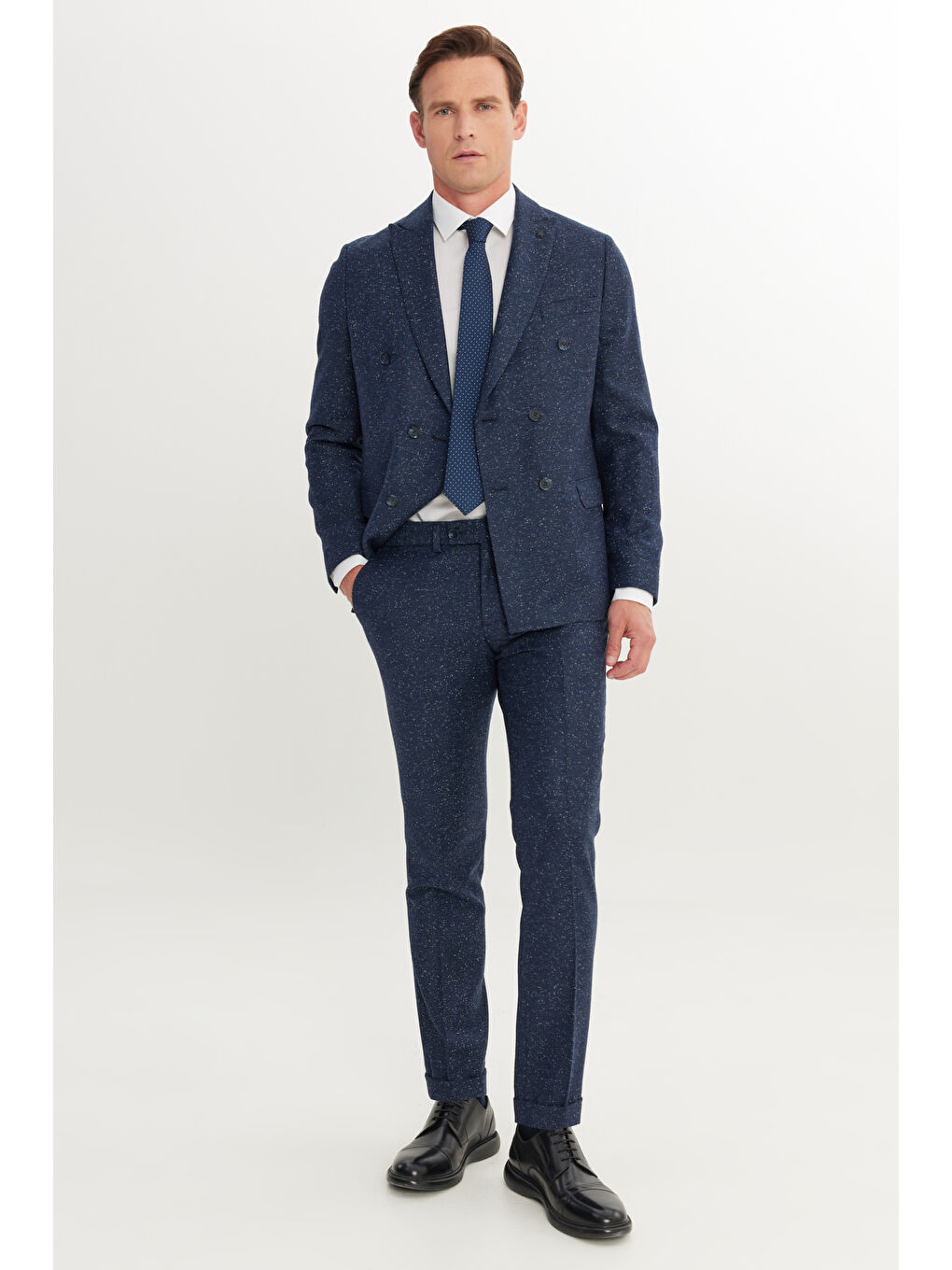 Erkek Lacivert Slim Fit Dar Kesim Kırlangıç Yaka Desenli Takım Elbise-5