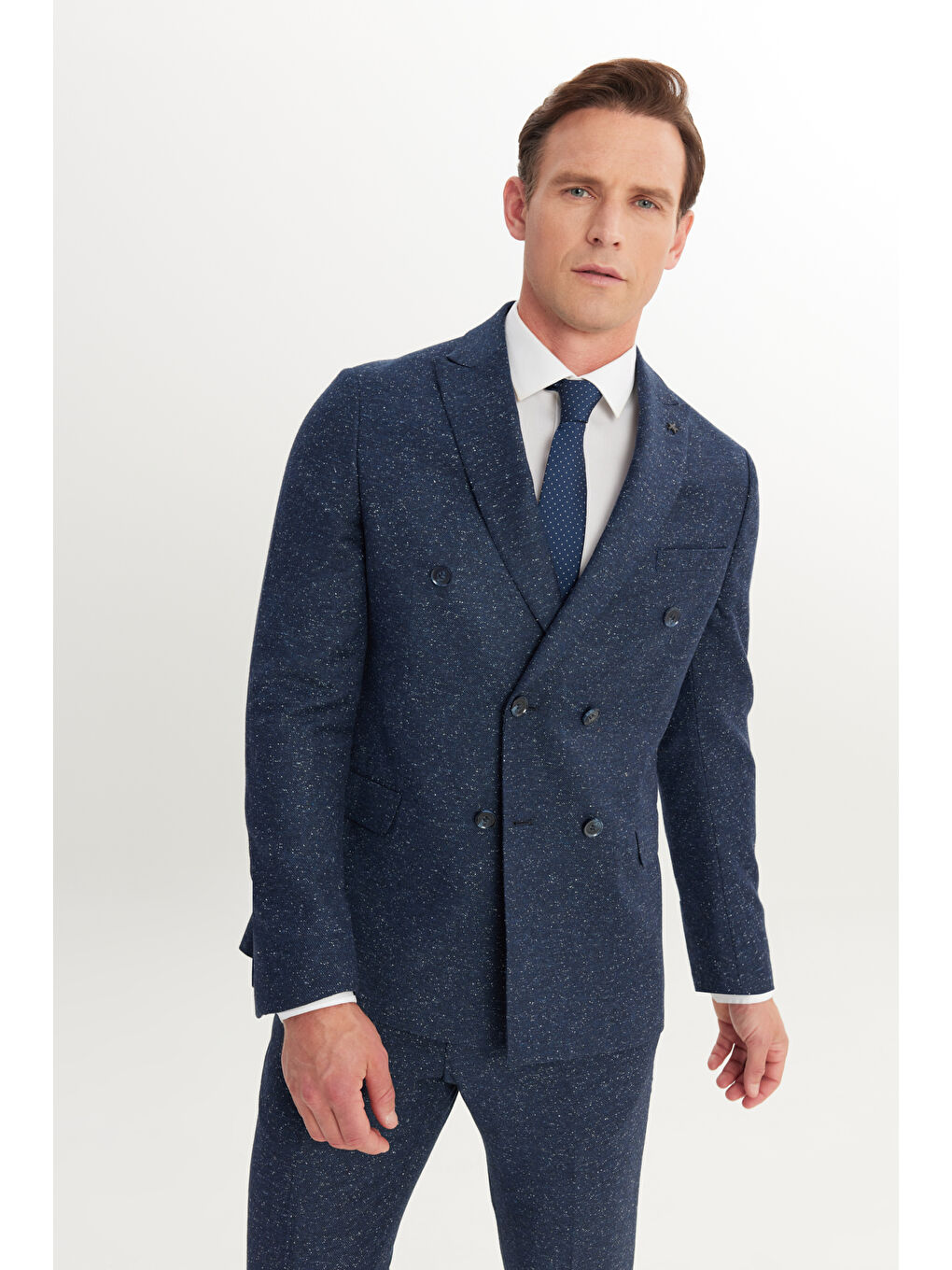 Erkek Lacivert Slim Fit Dar Kesim Kırlangıç Yaka Desenli Takım Elbise-6