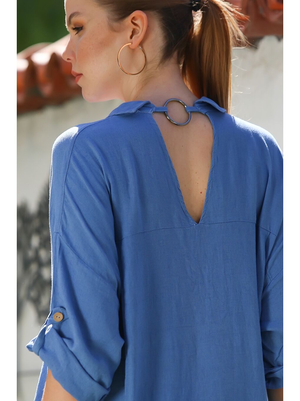 İtalyan İndigo Gömlek Yaka Düğmeli 3/4 Kol Gizli Cepli Casual Oversize Dokuma Elbise 115 70-2