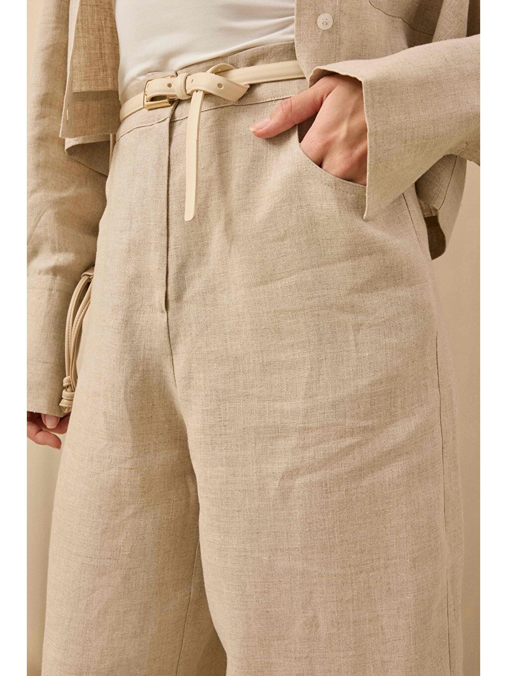 Bej Midi Keten Pantolon Sedef-1