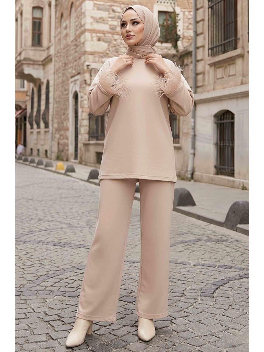 Ekru Kol Ucu Tüylü Modal İkili Takım Krem - 088-KREM-1