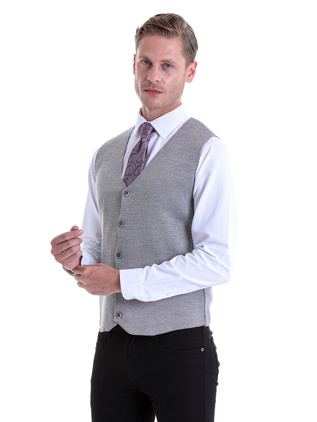 Gri Comfort Fit Düz V Yaka Yünlü Klasik Triko Yelek-1