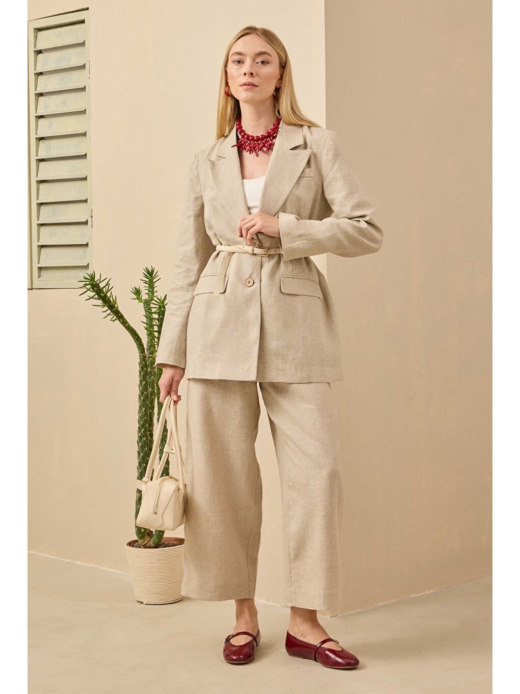 Bej Midi Keten Pantolon Sedef-2