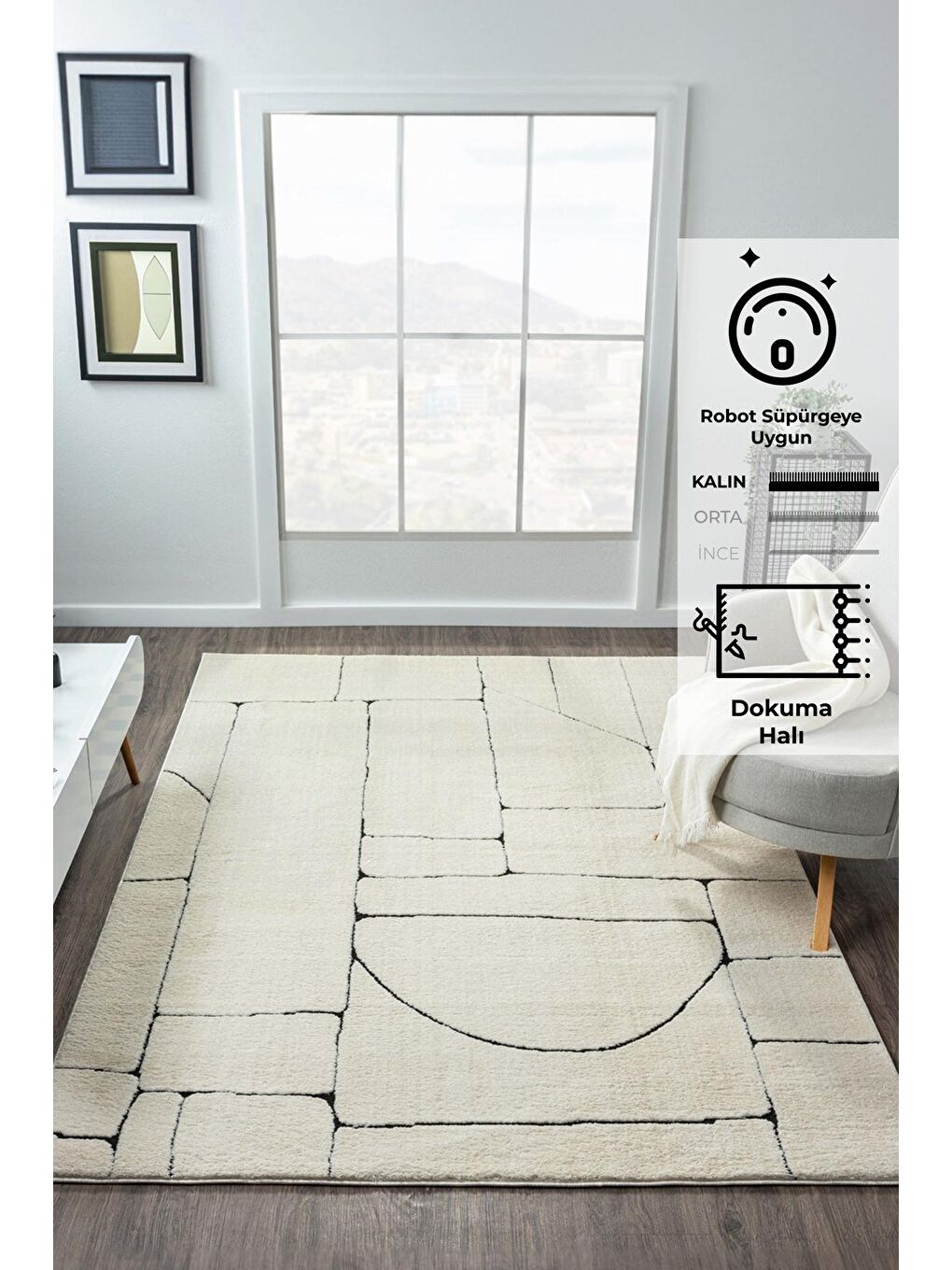 Ekru Jung 7183 Modern Dokuma Yumuşak Post Shaggy Halı-100x200 cm