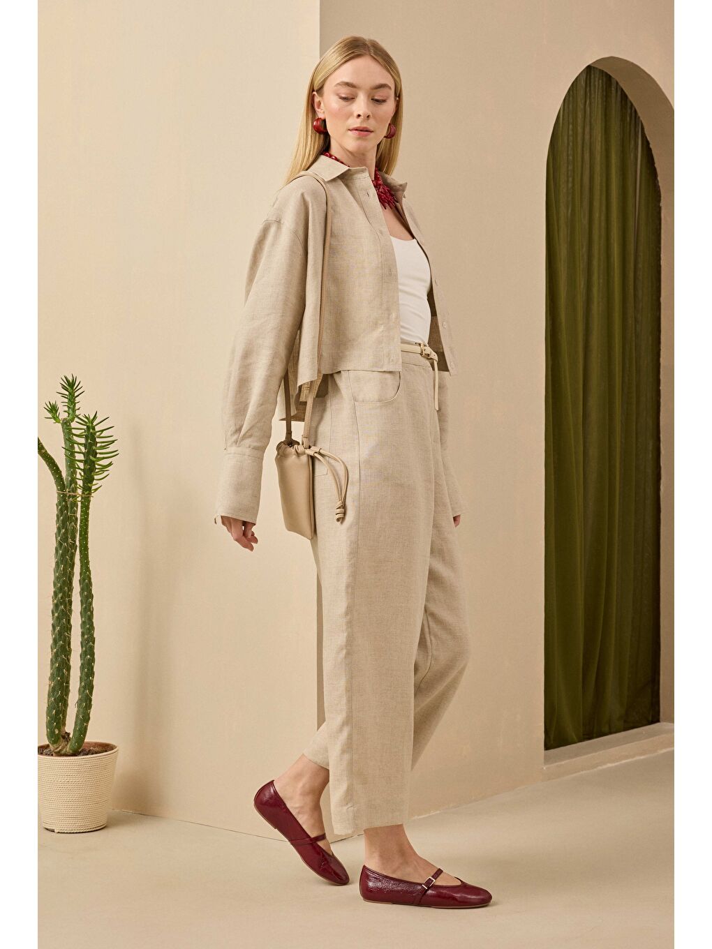 Bej Midi Keten Pantolon Sedef-3