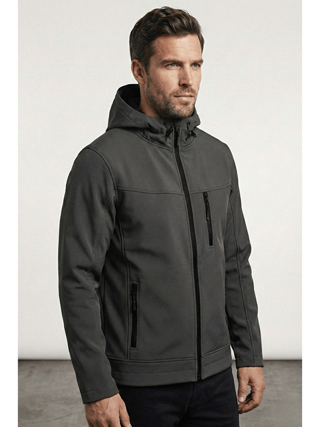 Gri Erkek Mont İçi Polarlı Softshell Mont Su ve Rüzgar Geçirmez Kapüşonlu Spor Mont-1