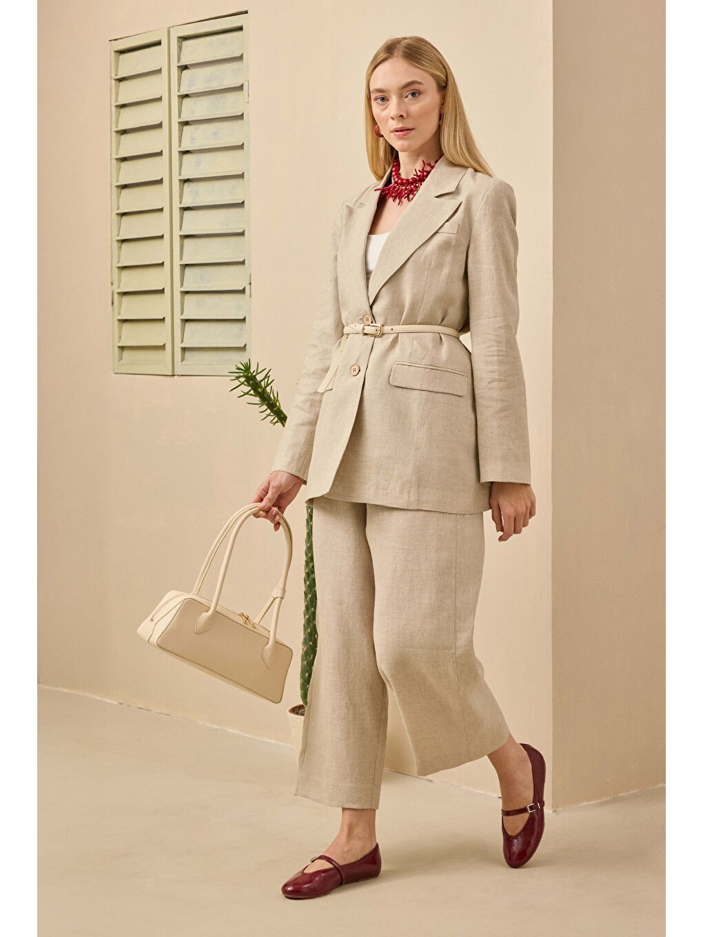 Bej Midi Keten Pantolon Sedef-4