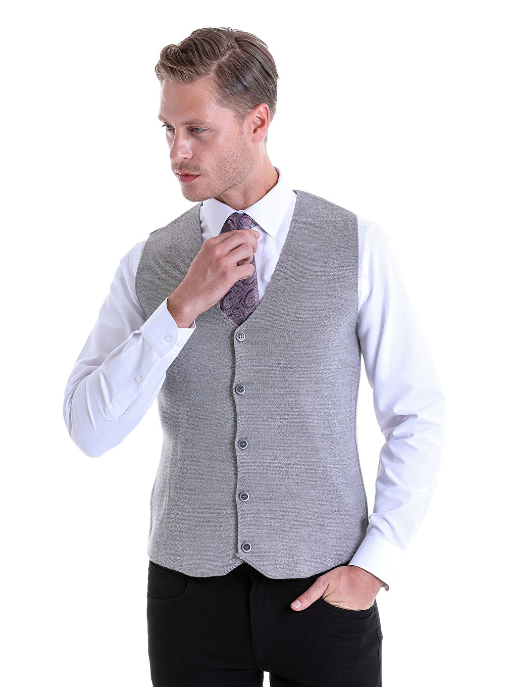 Gri Comfort Fit Düz V Yaka Yünlü Klasik Triko Yelek-2