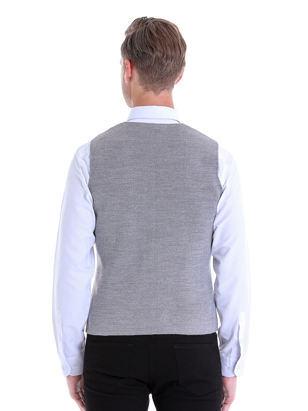 Gri Comfort Fit Düz V Yaka Yünlü Klasik Triko Yelek-4