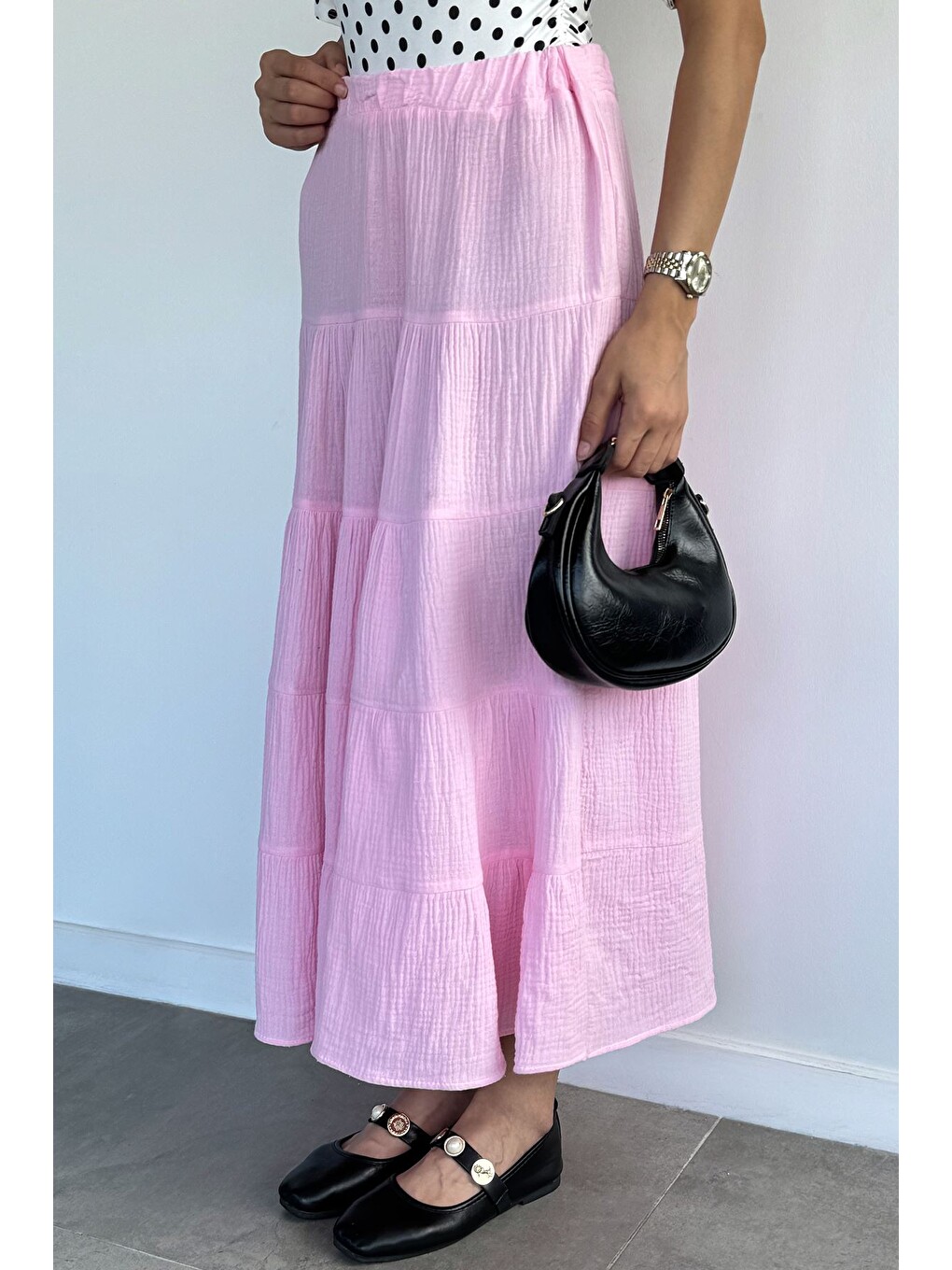 Pembe Bel Lastikli Etek-1