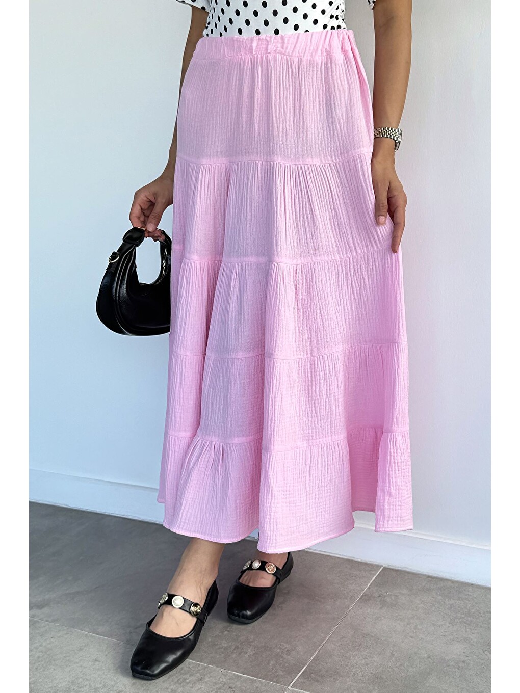 Pembe Bel Lastikli Etek-2