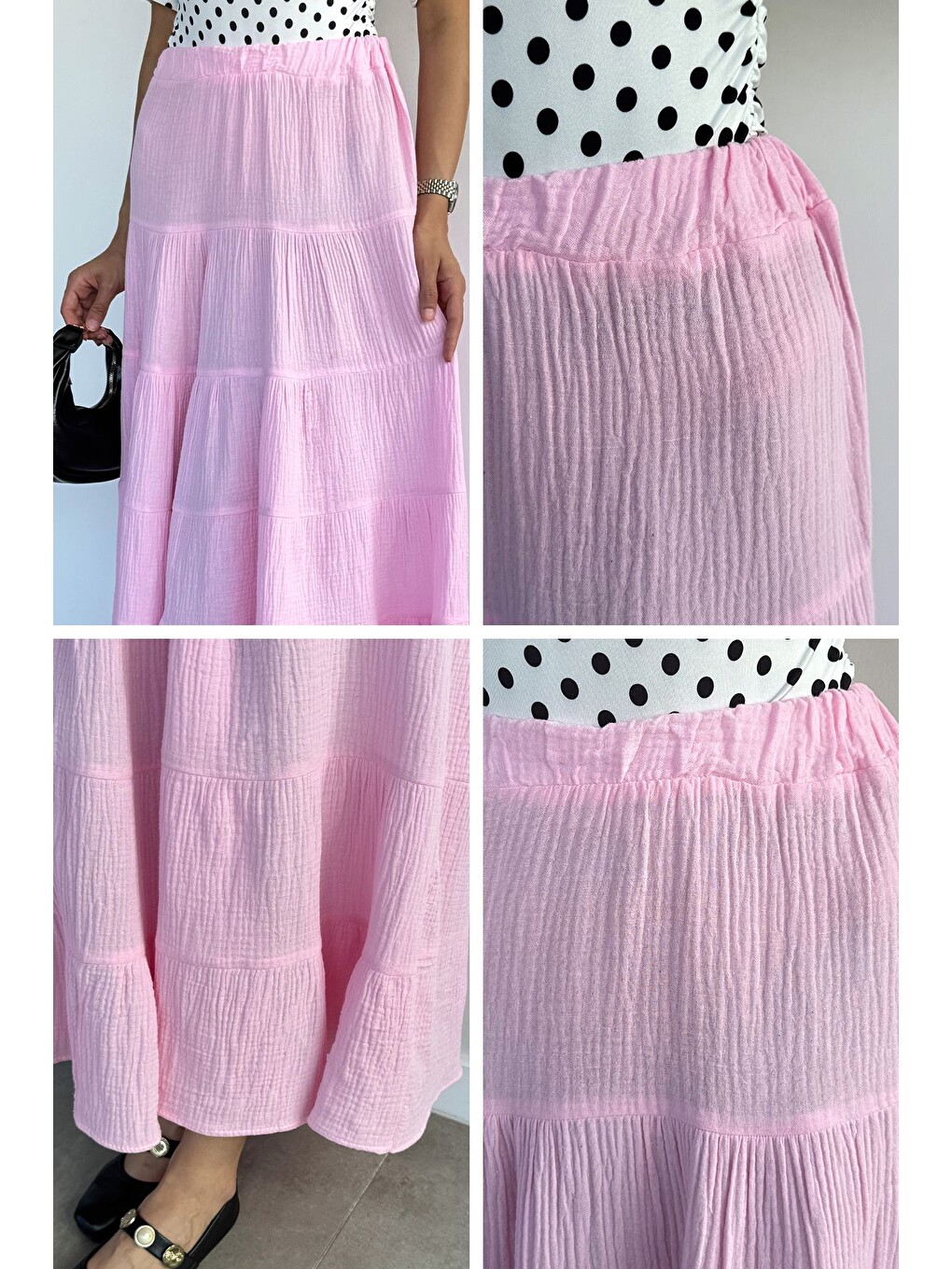 Pembe Bel Lastikli Etek-4