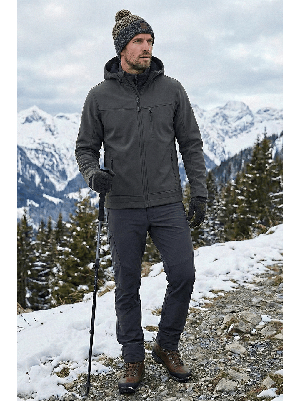 Gri Erkek Mont İçi Polarlı Softshell Mont Su ve Rüzgar Geçirmez Kapüşonlu Spor Mont-3
