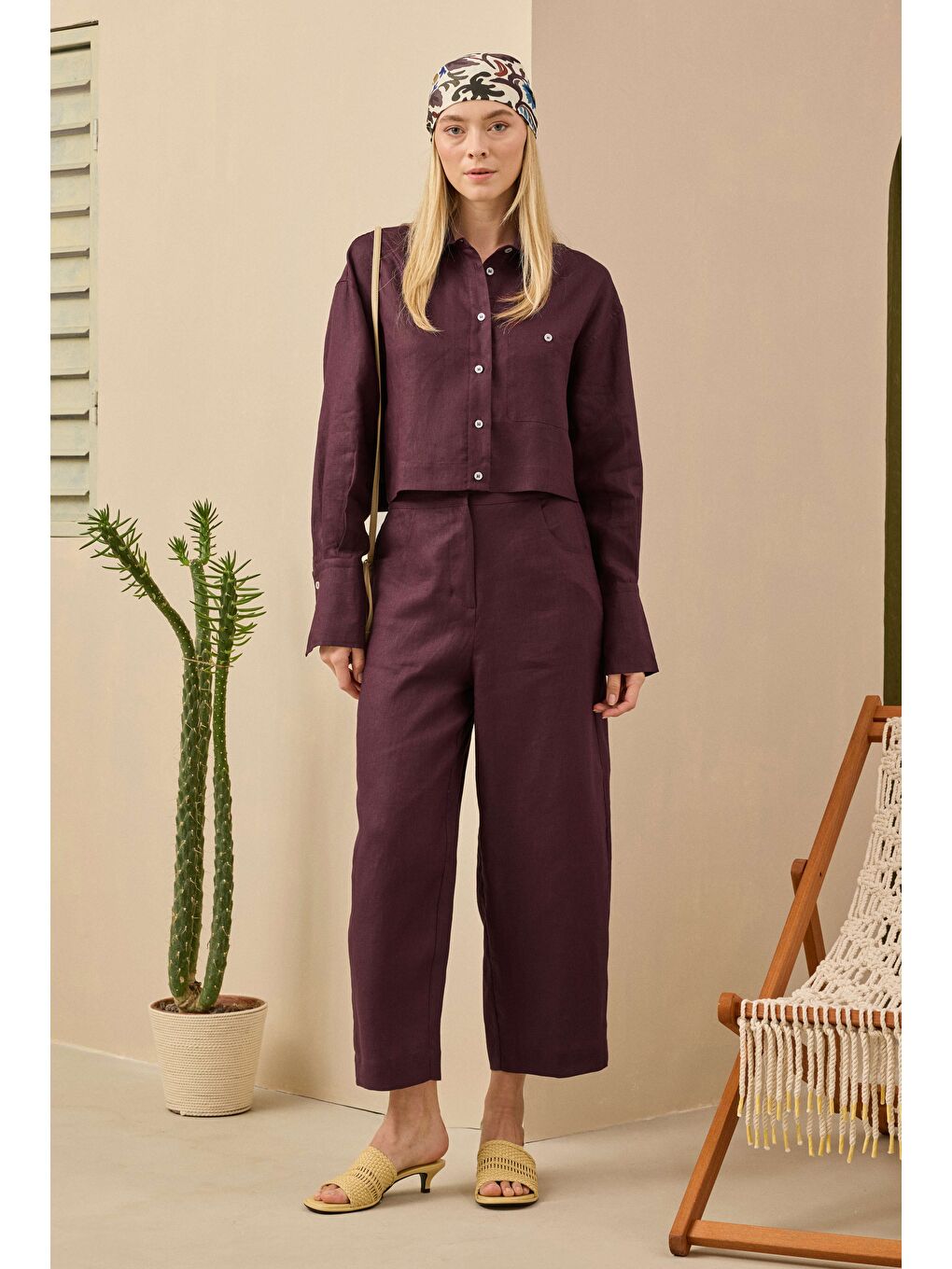 Midi Keten Pantolon Bordo-1