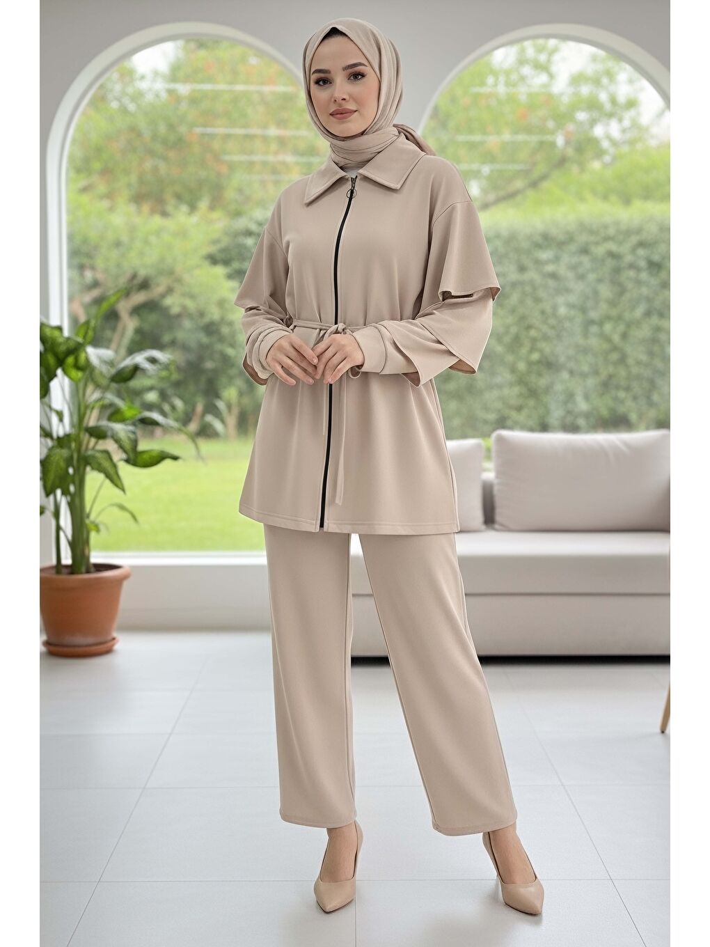 Ekru Kolları Fırfırlı Modal İkili Takım Krem - 089-KREM
