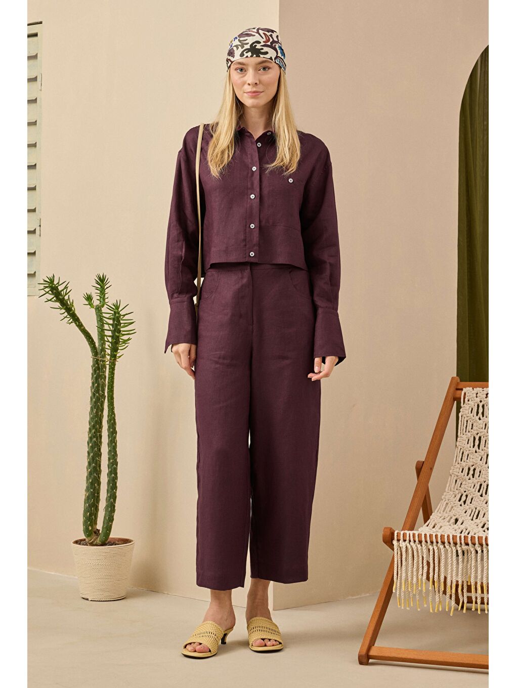 Midi Keten Pantolon Bordo-2