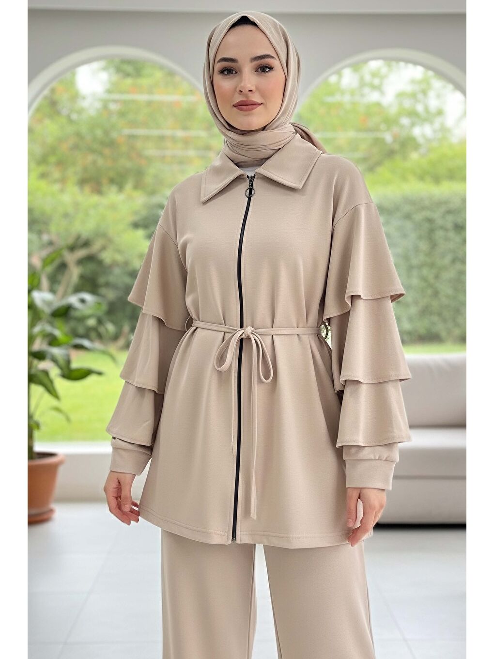 Ekru Kolları Fırfırlı Modal İkili Takım Krem - 089-KREM-1