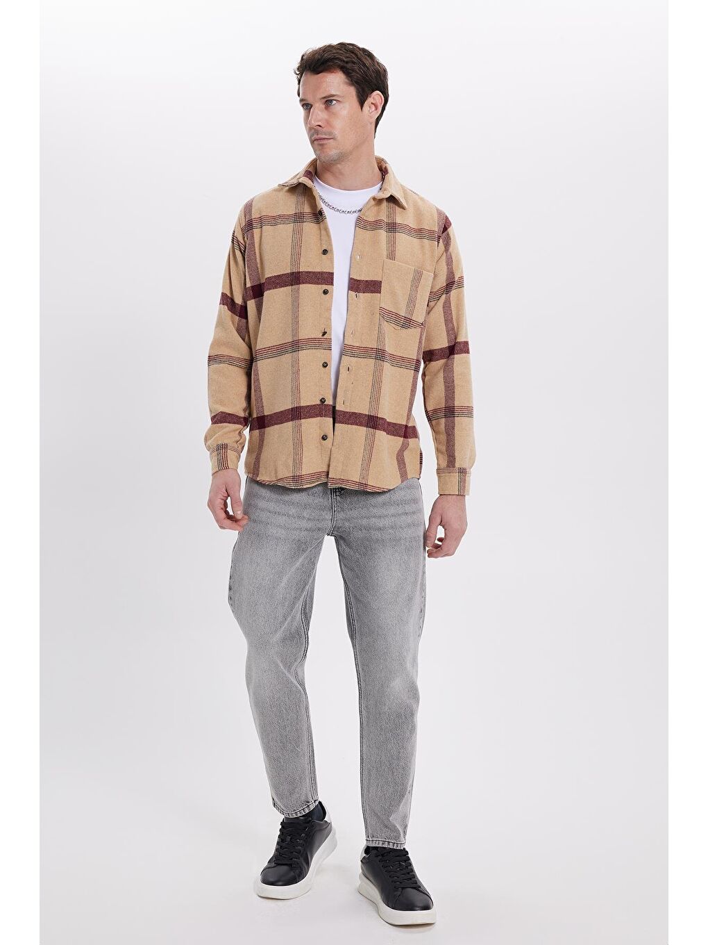 Bej Erkek Regular Fit Rahat Kesim Kışlık Kareli Oduncu Gömlek-3