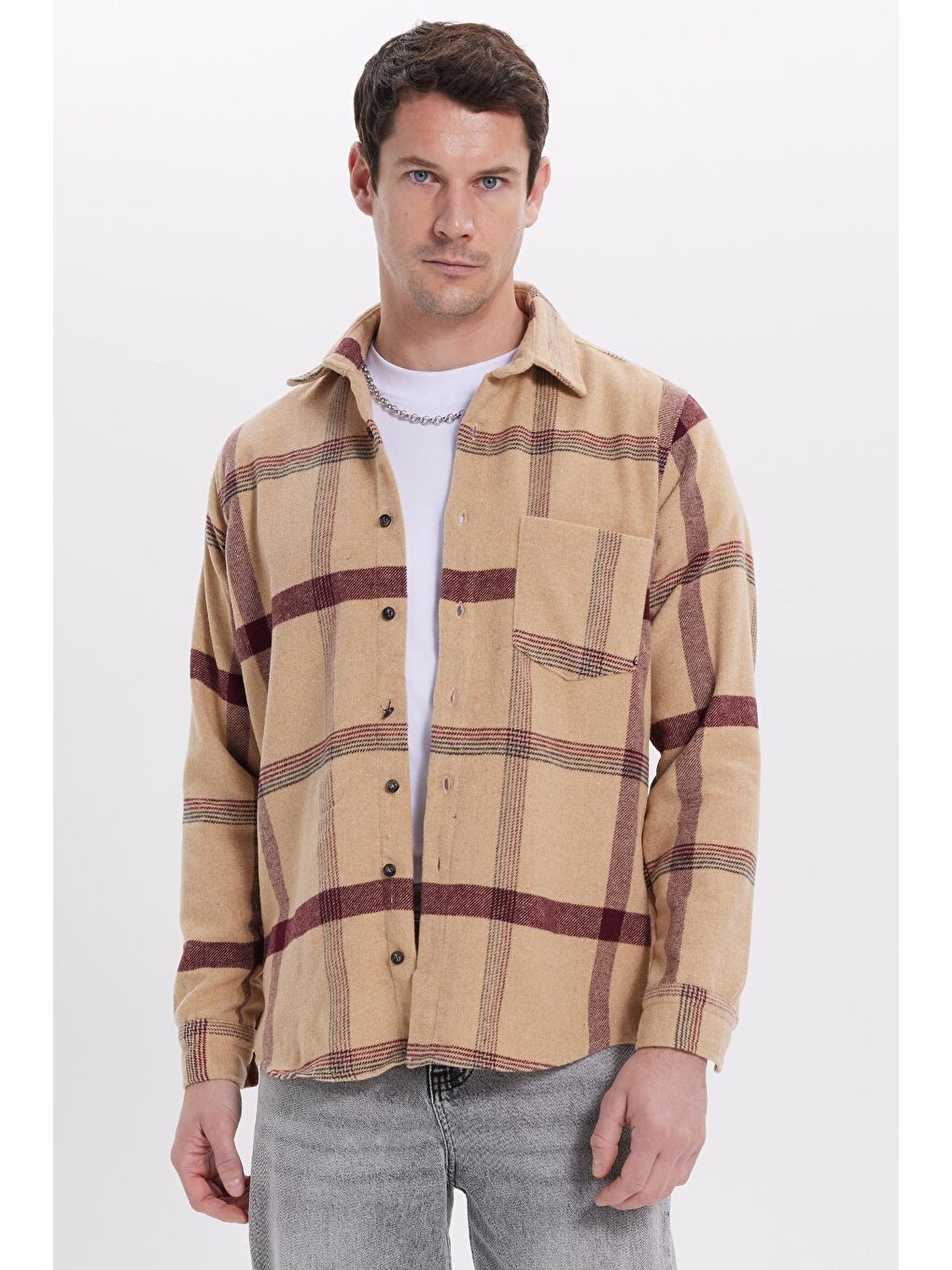 Bej Erkek Regular Fit Rahat Kesim Kışlık Kareli Oduncu Gömlek-4