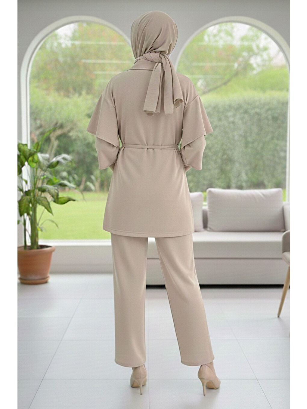 Ekru Kolları Fırfırlı Modal İkili Takım Krem - 089-KREM-2