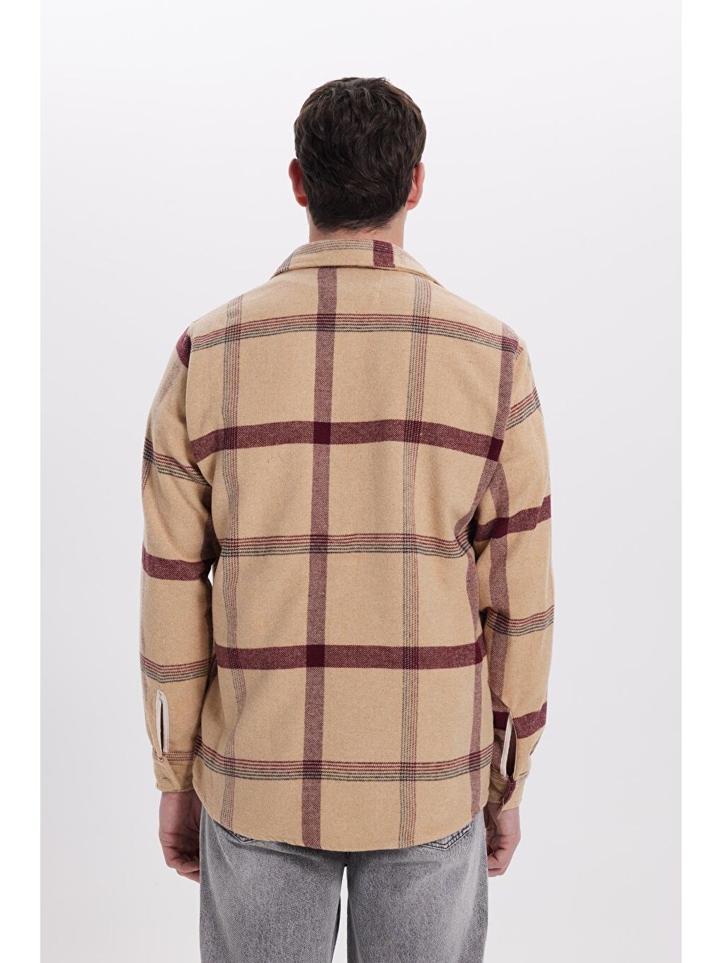 Bej Erkek Regular Fit Rahat Kesim Kışlık Kareli Oduncu Gömlek-6