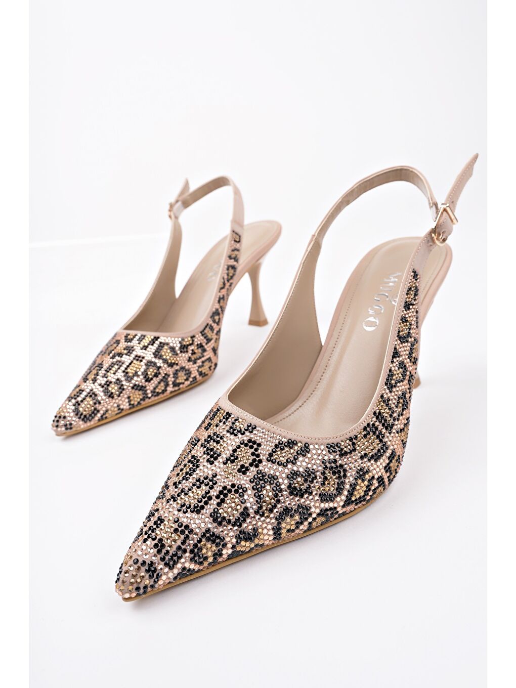 Bej MİDNİGHT Kadın Sivri Burun Leopar Detaylı Arkası Açık Günlük Klasik Topuklu Abiye Ayakkabı-1