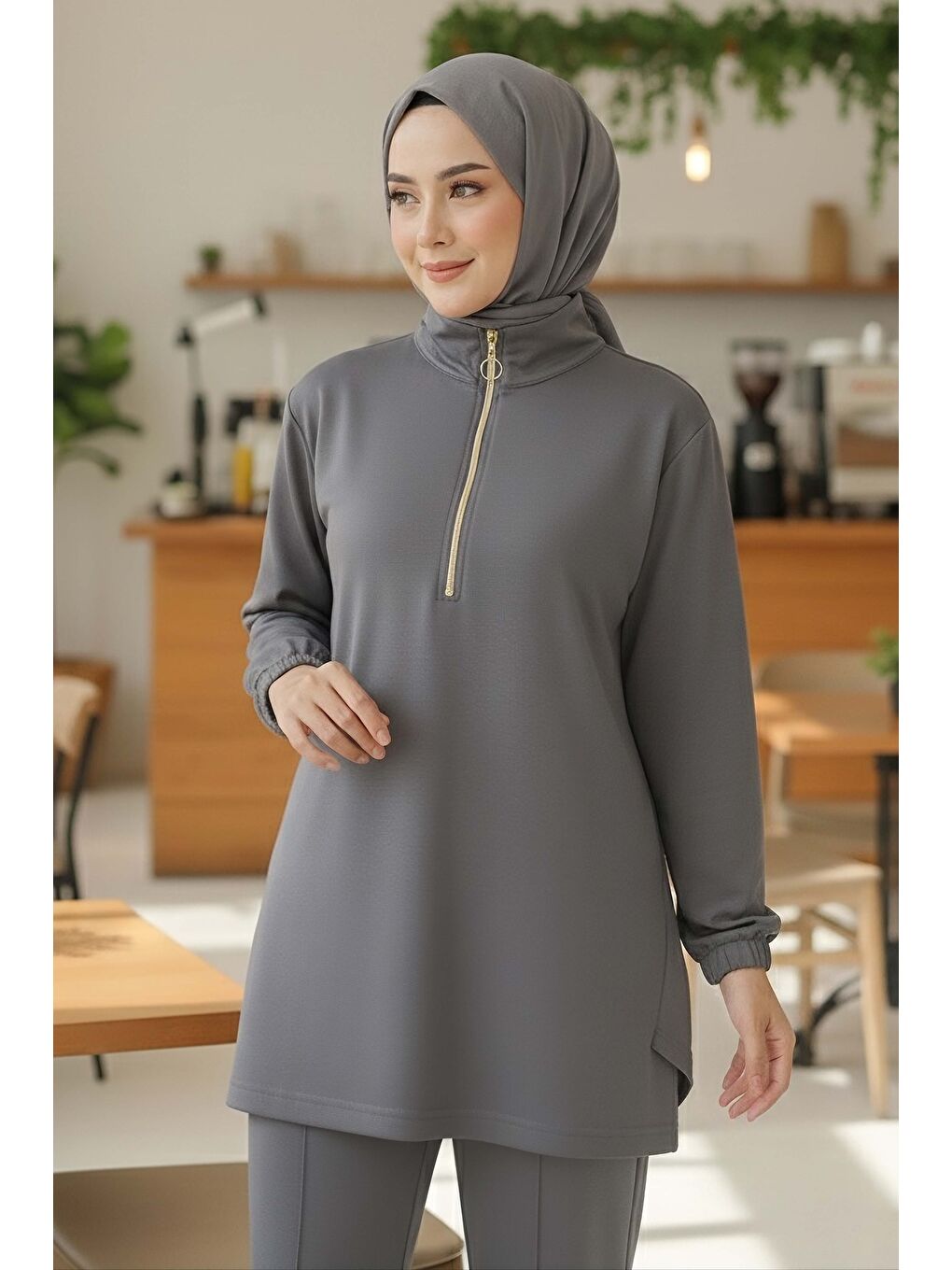 Gri Fermuarlı Modal İkili Takım Füme - 1013-FUME