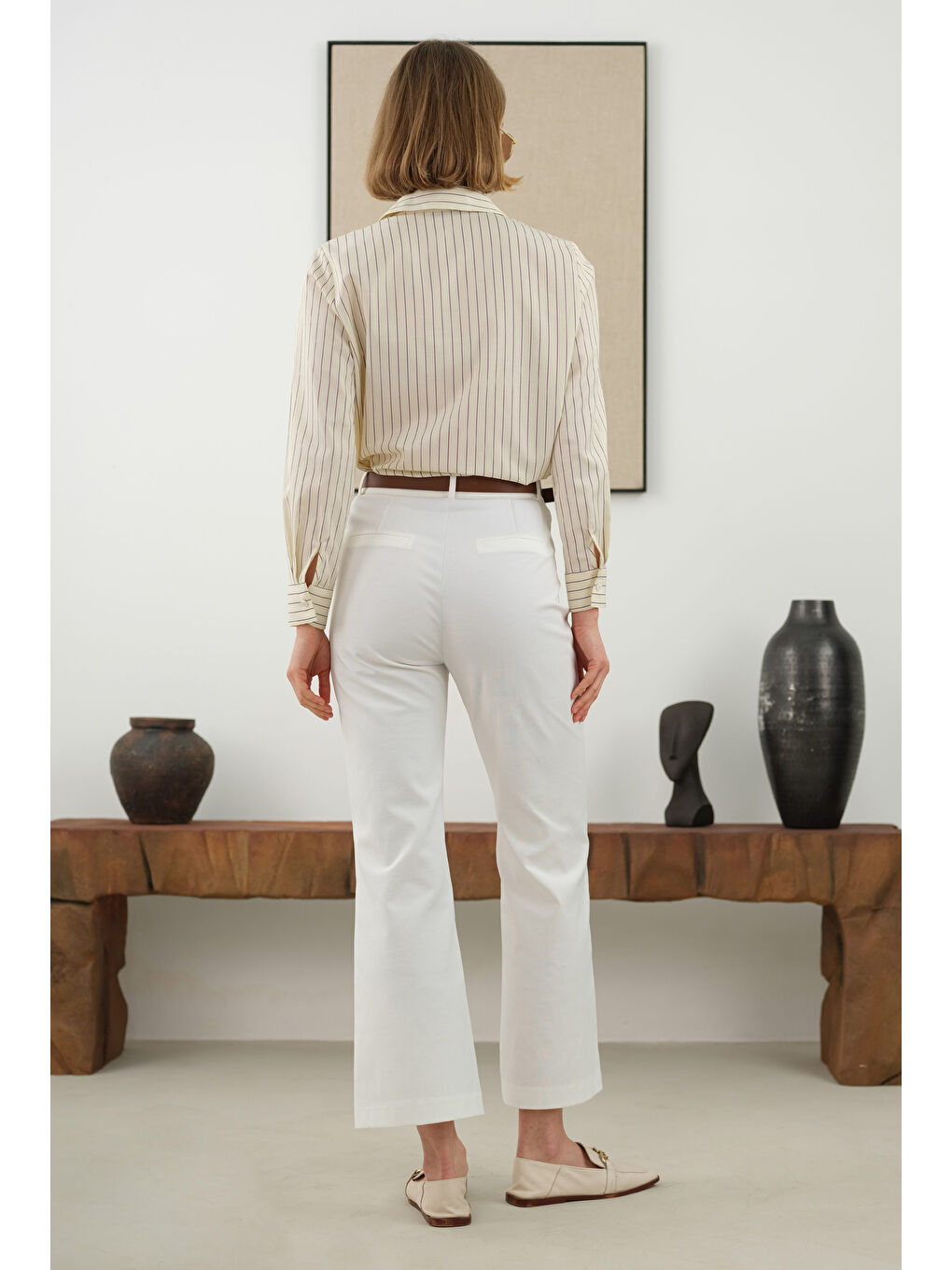 Önü Yarım Nervürlü Pantolon Ekru-2