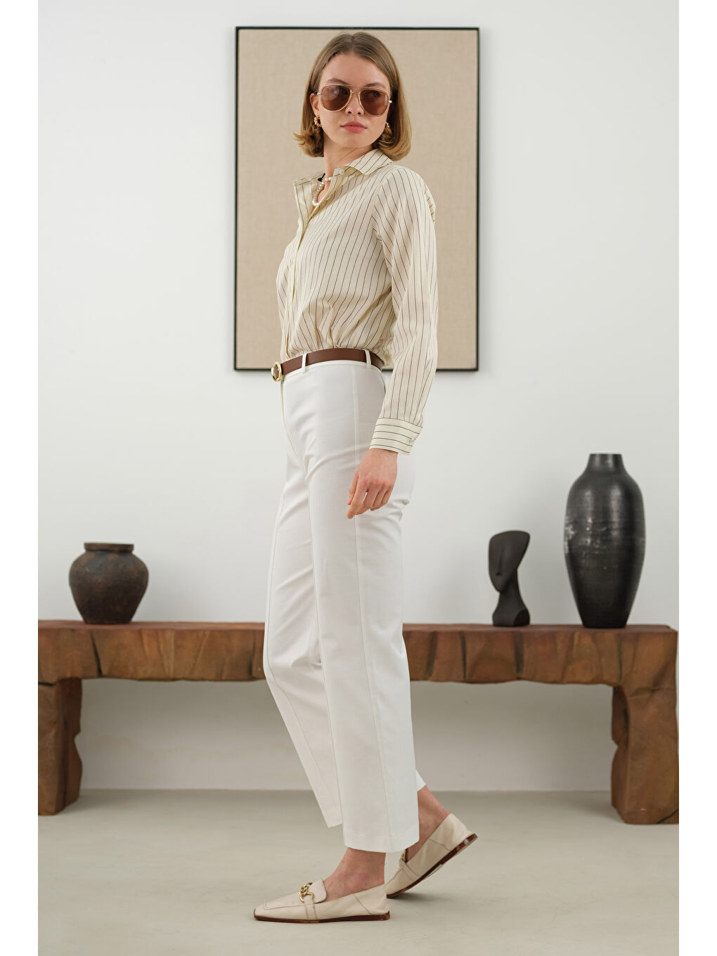 Önü Yarım Nervürlü Pantolon Ekru-3