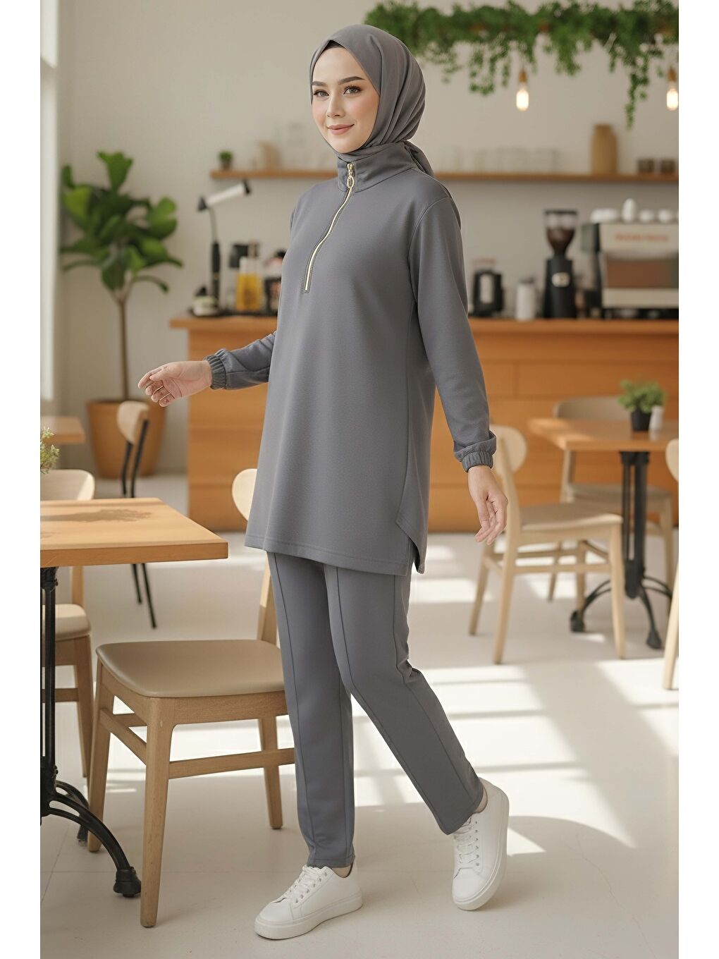 Gri Fermuarlı Modal İkili Takım Füme - 1013-FUME-1