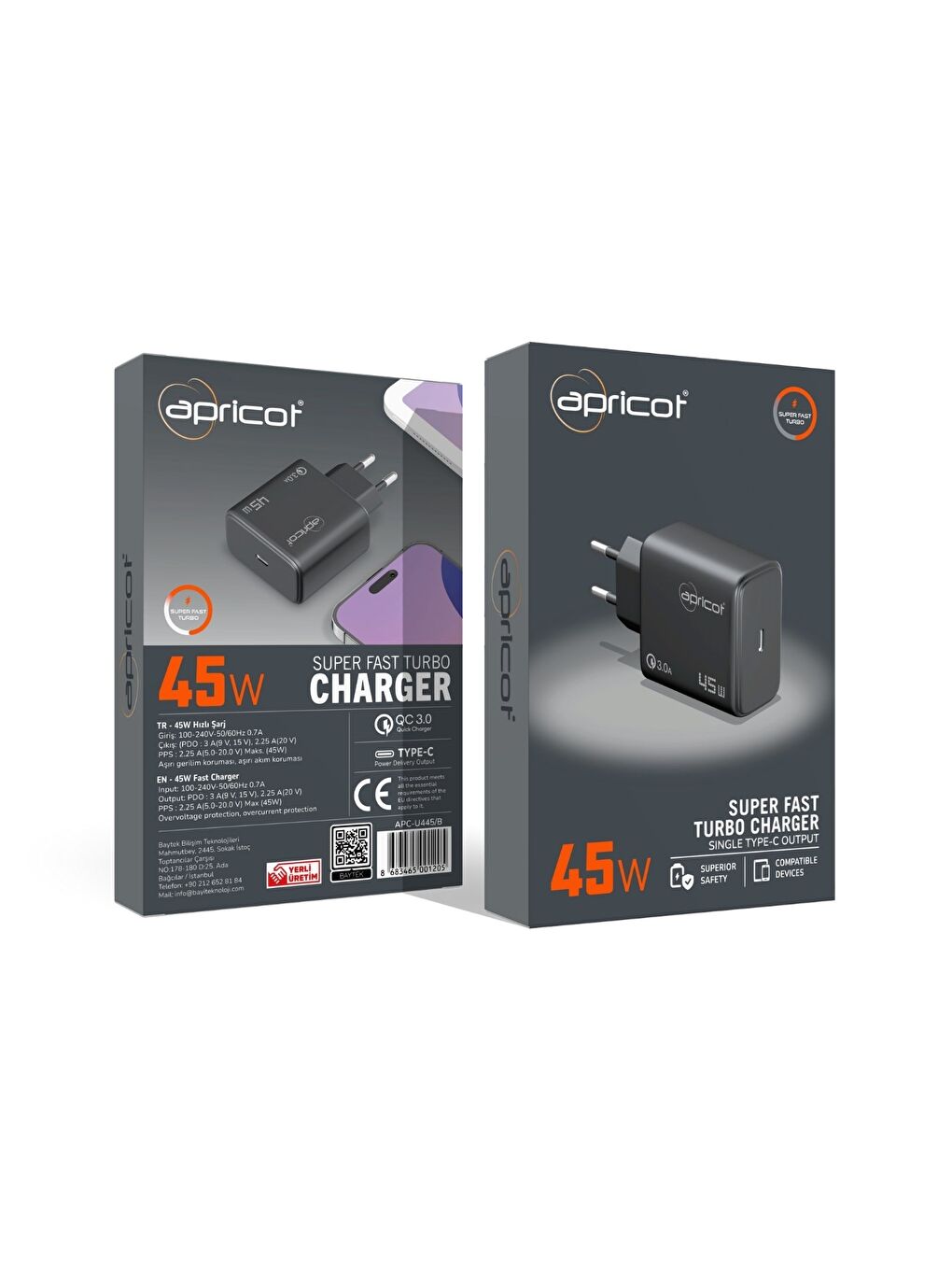 Technoe Apricot APC-U445/B 45W 3.0A TYpe-c 45W Süper Hızlı Ev Şarj Adaptörü-1