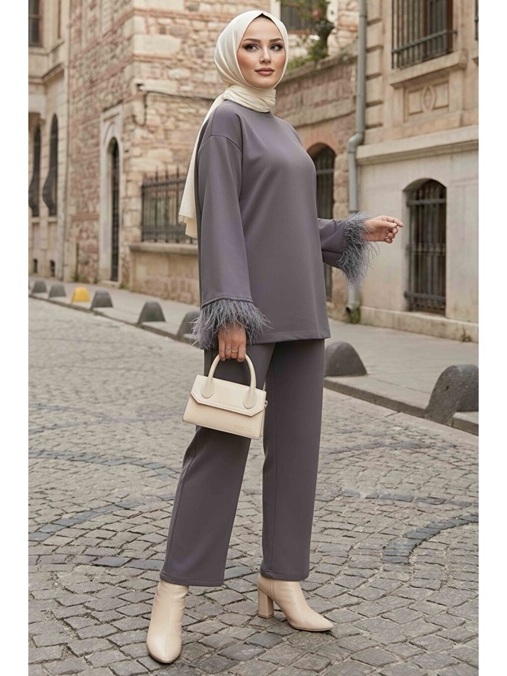 Gri Kol Ucu Tüylü Modal İkili Takım Füme - 088-FUME
